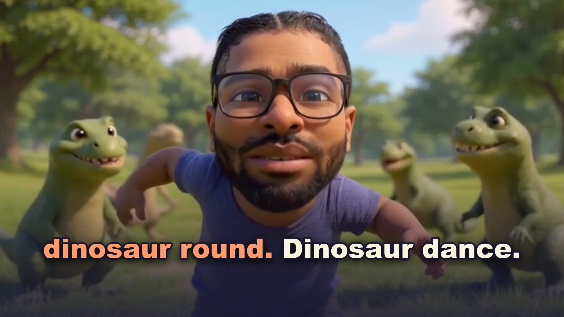 Sample frame from a custom RhymeTime nursery rhyme video, showing a Pixar-style child with karaoke lyrics on screen